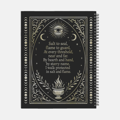 A black spiral-bound hardcover grimoire titled "Spells of Salt & Flame." The cover features an intricate, metallic-effect printed design in silver and gold with an All-Seeing Eye in an archway, flanked by a spoon and an athame. Botanical elements like garlic and herbs grow from a central chalice. The side borders are lined with celestial moon phase symbols. The journal is open, showing blank recipe template pages with fields for ingredients and instructions. The book measures 8.5 x 11 inches.