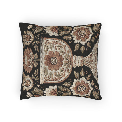 Woven tapestry pillow, 17" x 18", featuring an ornate chalice framed by botanical motifs in ivory, rust, and olive on a black ground. Artisan-woven of 58% cotton, 42% polyester and stuffed with soft, durable polyfill. Sewn shut for a smooth, seamless finish. Double-sided pattern for full visibility. Dark-academia, mystical décor accent; folklore-inspired woven pillow for sofa, chair, or bed.
