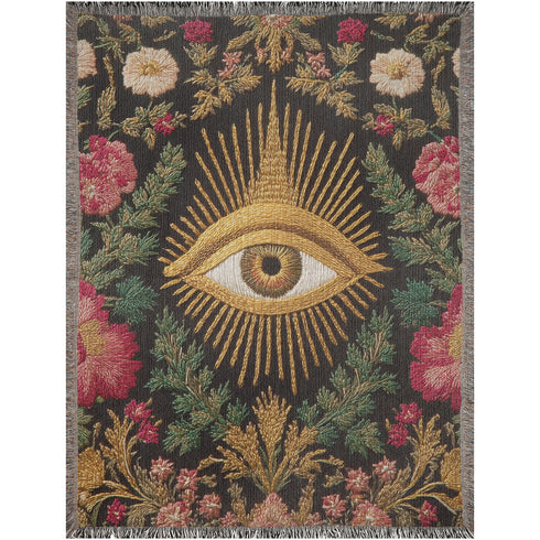 Drape your sanctuary in arcane elegance with our All-Seeing Eye woven cotton blanket. A talismanic piece of gothic botanical decor, this tapestry throw is a testament to woven sorcery, designed for the modern mystic and the discerning scholar of the esoteric.
Behold the celestial gaze of the All-Seeing Eye, rendered in radiant gold and rich earth tones, a timeless symbol of wisdom, intuition, and divine protection. This is not a printed image, but an intricate tapestry jacquard-woven from 100% pure, dyed c