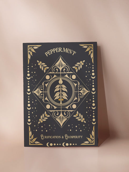 Peppermint-themed holiday ritual card featuring a gold-stylized peppermint design with celestial and ornate accents on the front and an inside message highlighting peppermint's historical significance and its use in rituals for purification and prosperity, including steps for New Year's practices.