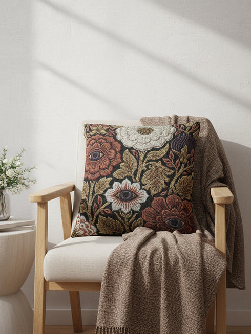 A square woven throw pillow featuring a surreal botanical design on a solid black background. The tapestry-style fabric showcases large, detailed flowers in shades of rust red, cream, and olive green. Nestled within the center of each prominent blossom is a detailed, human-like eye with a dark plum iris, creating a striking evil eye motif. The interwoven threads give the pillow a rich, textured appearance. The pillow is fully stuffed and sewn closed, presenting a smooth, seamless edge.