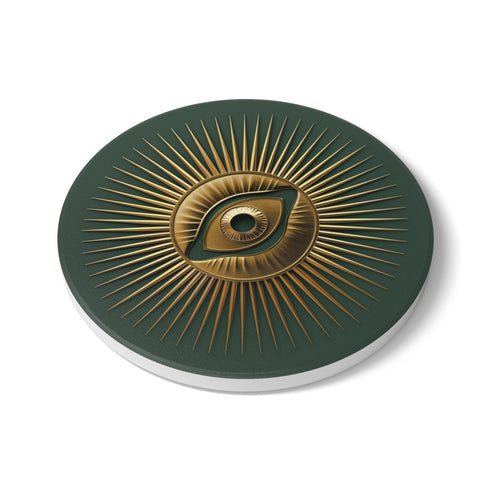 Round ceramic coaster with sage green background featuring a gold Evil Eye symbol in the center with radiating gold sunburst lines extending outward from the eye design.