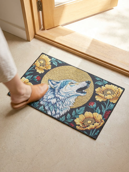 Grimoire and Goblet rectangular doormat featuring a faux embroidery style printed design of a howling wolf with blue and ivory fur, centered in front of a textured antique gold circular moon disc, surrounded by large golden yellow flowers, teal leaves, and small red berry accents on a dark charcoal background. Entryway rug with black trim, non slip backing, and botanical nature inspired mystical design.