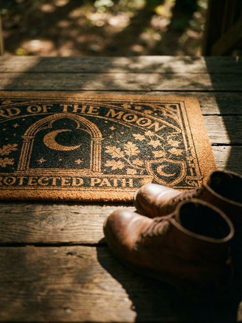 A rectangular natural tan doormat featuring a gothic celestial moon phase design in high-contrast black ink. The central crescent moon is detailed with mystical flourishes and surrounded by a symmetrical line of moon phases and twinkling stars. This 2D flat print is applied to coarse, tufted coconut coir fiber for a vintage grimoire aesthetic. The doormat includes a heavy-duty black vinyl non-slip backing and is designed as a functional accent for a dark academia or witchy porch entryway.