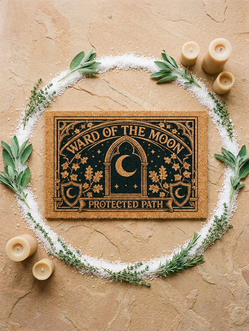 A rectangular natural tan doormat featuring a gothic celestial moon phase design in high-contrast black ink. The central crescent moon is detailed with mystical flourishes and surrounded by a symmetrical line of moon phases and twinkling stars. This 2D flat print is applied to coarse, tufted coconut coir fiber for a vintage grimoire aesthetic. The doormat includes a heavy-duty black vinyl non-slip backing and is designed as a functional accent for a dark academia or witchy porch entryway.