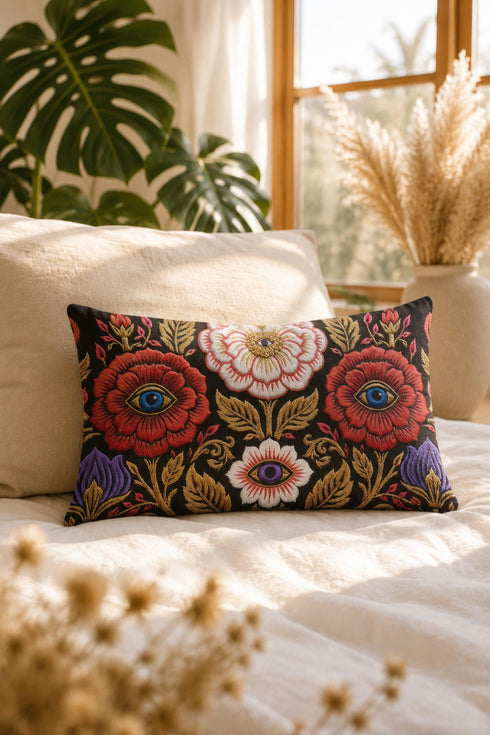 Evil eye lumbar pillow cover in black featuring a symmetrical folk art floral print. Two crimson red roses hold bright blue eyes at their centers, a white blossom below cradles a violet purple eye, and antique gold leaves, scrollwork, and pink buds frame the design. Purple tulips anchor the lower corners. Rectangular 20 x 12 inch cushion case with a hidden zipper and the double sided embroidered look design printed on smooth, soft, linen feel polyester fabric.