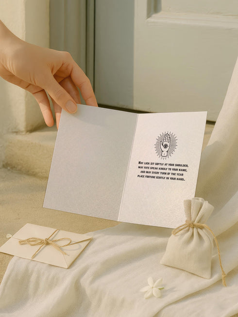 Grimoire and Goblet presents a 5x7 inch pearlescent greeting card. The design features a black linocut-style illustration of an open palm with an eye, surrounded by rays, keys, coins, and stars. The cover reads Luck Fate Fortune and May The Coming Year Favor Your Hand. The interior features a smaller hand icon and a printed blessing. The paper has a luxury silvery shimmer finish.