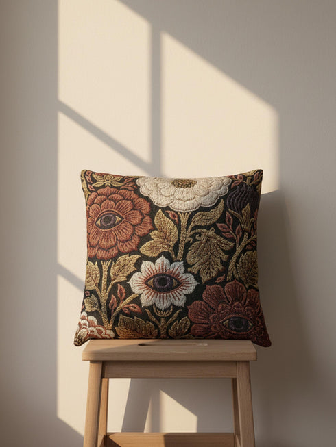 A square woven throw pillow featuring a surreal botanical design on a solid black background. The tapestry-style fabric showcases large, detailed flowers in shades of rust red, cream, and olive green. Nestled within the center of each prominent blossom is a detailed, human-like eye with a dark plum iris, creating a striking evil eye motif. The interwoven threads give the pillow a rich, textured appearance. The pillow is fully stuffed and sewn closed, presenting a smooth, seamless edge.