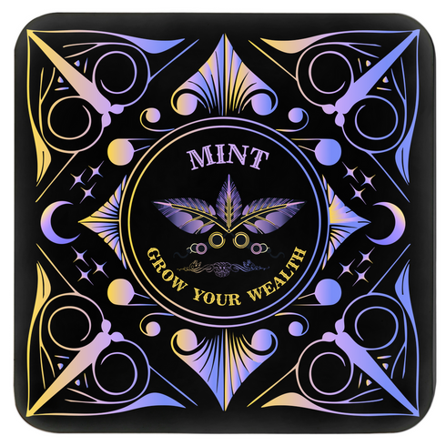 A 4-piece wealth-themed coaster set featuring intricate, gold and black designs with iridescent accents. Each coaster is dedicated to a different herb or spice, including basil, bay leaf, cinnamon, and mint, each symbolizing prosperity, abundance, riches, and wealth. The designs feature celestial motifs and geometric patterns, adding a mystical and luxurious touch to the coasters.