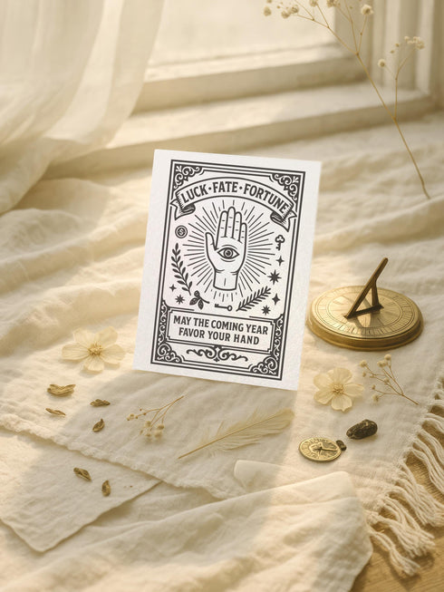 Grimoire and Goblet presents a 5x7 inch pearlescent greeting card. The design features a black linocut-style illustration of an open palm with an eye, surrounded by rays, keys, coins, and stars. The cover reads Luck Fate Fortune and May The Coming Year Favor Your Hand. The interior features a smaller hand icon and a printed blessing. The paper has a luxury silvery shimmer finish.