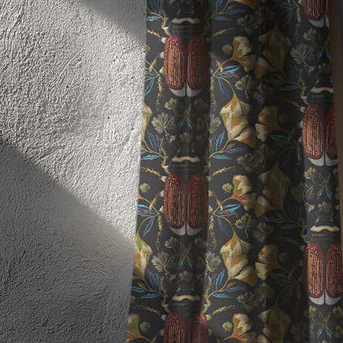A single panel blackout curtain with a luxurious, moody design. The pattern features large, reddish-orange beetles and metallic gold ginkgo leaves against a dark charcoal background. This Gothic and Victorian-inspired window treatment is perfect for Dark Academia or Maximalist decor, offering room-darkening properties while serving as a bold piece of entomology and botanical art for a library, bedroom, or living room.