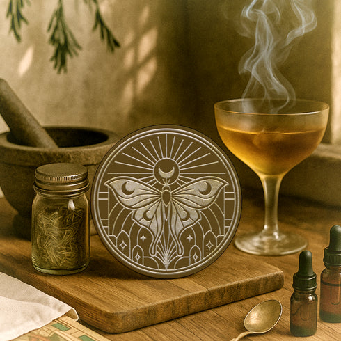 A round, dark brown ceramic drink coaster with a non-slip cork back. The top surface features an intricate, engraved-style celestial moth design in a light beige or off-white color. The luna moth is centered under a crescent moon and a radiant sunburst. The design is symmetrical and includes stars and geometric line art, evoking a gothic, witchy, and spiritual aesthetic. The coaster has a matte finish and is designed as a piece of functional art.