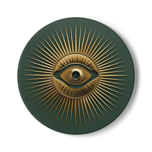 Round ceramic coaster with sage green background featuring a gold Evil Eye symbol in the center with radiating gold sunburst lines extending outward from the eye design.