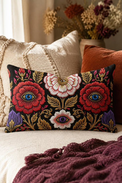 Evil eye lumbar pillow cover in black featuring a symmetrical folk art floral print. Two crimson red roses hold bright blue eyes at their centers, a white blossom below cradles a violet purple eye, and antique gold leaves, scrollwork, and pink buds frame the design. Purple tulips anchor the lower corners. Rectangular 20 x 12 inch cushion case with a hidden zipper and the double sided embroidered look design printed on smooth, soft, linen feel polyester fabric.