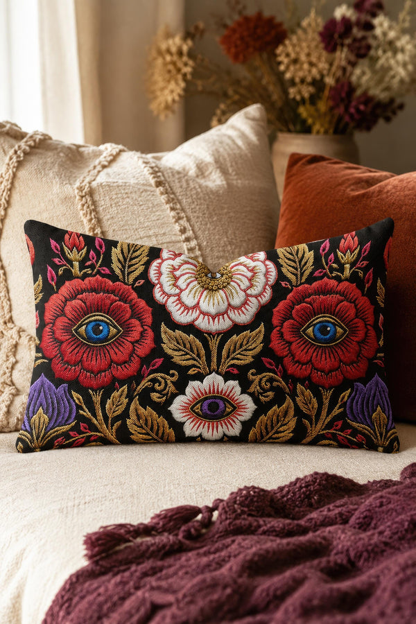 Evil eye lumbar pillow cover in black featuring a symmetrical folk art floral print. Two crimson red roses hold bright blue eyes at their centers, a white blossom below cradles a violet purple eye, and antique gold leaves, scrollwork, and pink buds frame the design. Purple tulips anchor the lower corners. Rectangular 20 x 12 inch cushion case with a hidden zipper and the double sided embroidered look design printed on smooth, soft, linen feel polyester fabric.