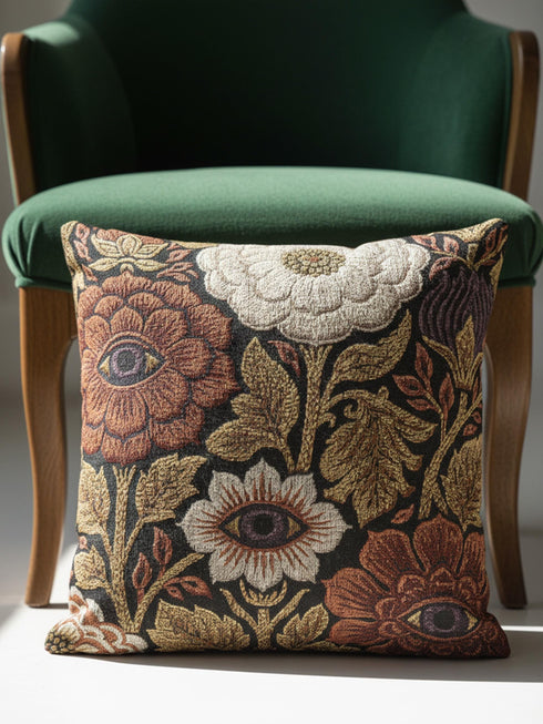 A square woven throw pillow featuring a surreal botanical design on a solid black background. The tapestry-style fabric showcases large, detailed flowers in shades of rust red, cream, and olive green. Nestled within the center of each prominent blossom is a detailed, human-like eye with a dark plum iris, creating a striking evil eye motif. The interwoven threads give the pillow a rich, textured appearance. The pillow is fully stuffed and sewn closed, presenting a smooth, seamless edge.