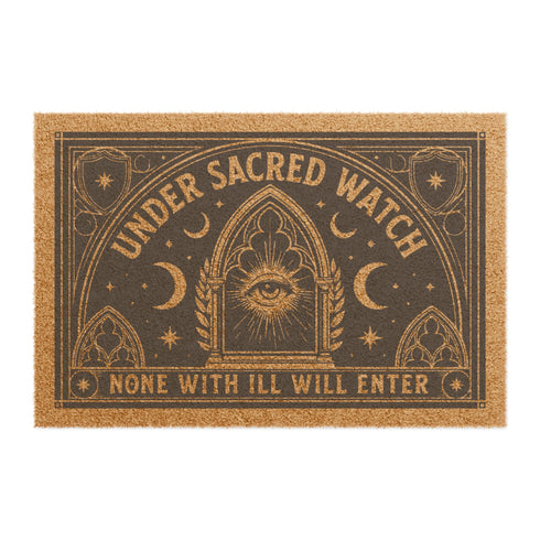 A rectangular coir doormat from Grimoire and Goblet featuring a central Eye of Providence within a Gothic arch. The text "UNDER SACRED WATCH" arcs above the design, while "NONE WITH ILL WILL ENTER" is horizontal. The design includes radiant sunburst lines, crescent moons, and eight-pointed stars. Symmetrical Art Nouveau botanicals and corner shields are printed in black on natural tan coconut fiber. This 24 by 16 inch threshold guardian warding mat has a black vinyl backing.
