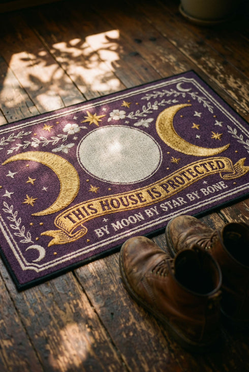 A rectangular doormat featuring a printed faux embroidery design on a deep plum purple background. The symmetrical artwork centers on a large cream full moon flanked by two golden crescent moons, creating a Triple Moon symbol. Above the moons are gold stars, cream flowers, and two small bees. Below, a golden scroll banner reads "THIS HOUSE IS PROTECTED" with "BY MOON BY STAR BY BONE" underneath. The mat is framed by cream leafy vines and finished with a black fabric border trim.
