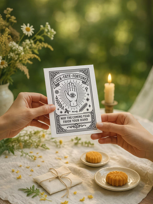 Grimoire and Goblet presents a 5x7 inch pearlescent greeting card. The design features a black linocut-style illustration of an open palm with an eye, surrounded by rays, keys, coins, and stars. The cover reads Luck Fate Fortune and May The Coming Year Favor Your Hand. The interior features a smaller hand icon and a printed blessing. The paper has a luxury silvery shimmer finish.