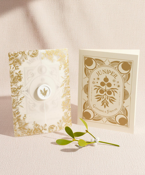 a luxury Grimoire and Goblet ritual card set. A 5x7 cream-colored folded card features an intricate, art-nouveau-style gold foil illustration of a Juniper plant, with the words "Juniper: Cleansing & Fortune." The card is presented with a translucent vellum envelope, which has a gold floral border and a white adhesive wax seal. Inside, the card reveals a vellum-wrapped keepsake, which unfurls to a 4x6 ritual card printed on thick, 160 GSM handmade cotton paper with a rough, deckled edge.