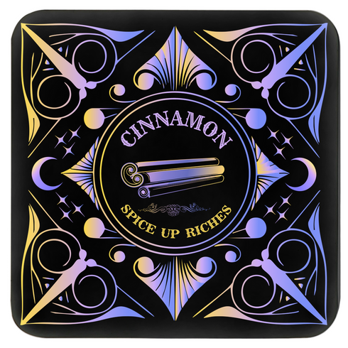 A 4-piece wealth-themed coaster set featuring intricate, gold and black designs with iridescent accents. Each coaster is dedicated to a different herb or spice, including basil, bay leaf, cinnamon, and mint, each symbolizing prosperity, abundance, riches, and wealth. The designs feature celestial motifs and geometric patterns, adding a mystical and luxurious touch to the coasters.