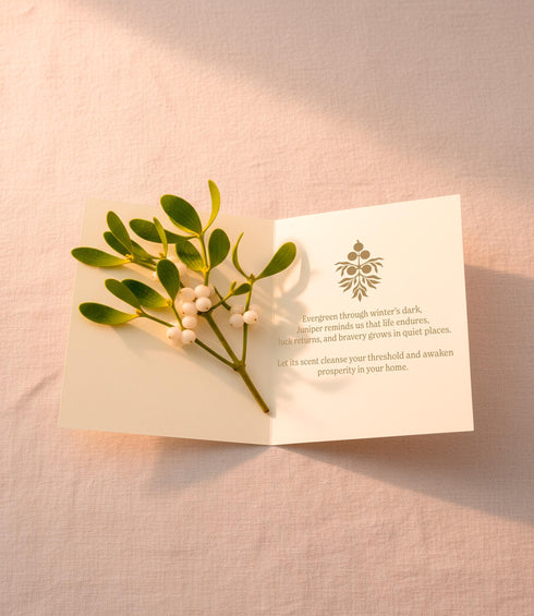 A Grimoire & Goblet luxury Mistletoe ritual card set. The 5x7 cream greeting card features gold celestial designs framing “Mistletoe” and “Love, Protection & New Beginnings.” Shown with a vellum wrap printed in gold florals, a white wax seal with mistletoe, and a premium envelope. Includes a 4x6 ritual insert on handmade deckled paper titled “Ritual for Peace and Protection.” A spiritual Yule stationery set designed as a luxurious unboxing experience.