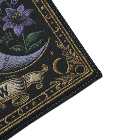 A triple moon doormat featuring the sacred symbol of maiden, mother, and crone, rendered in antique gold on a black ground with botanical detailing—designed for witchy homes, Wiccan spaces, and those drawn to divine feminine symbolism