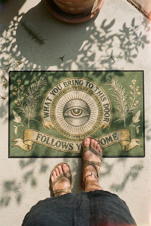 A rectangular doormat featuring a printed faux embroidery design on a muted olive green background. The symmetrical artwork centers on an all-seeing eye inside a circular medallion with a radiating sunburst pattern. An antique gold banner curves above reading WHAT YOU BRING TO THIS DOOR. A matching banner below reads FOLLOWS YOU HOME. The central eye is flanked by detailed botanical fern fronds and delicate wildflowers. The mat is finished with a sleek black fabric border trim.