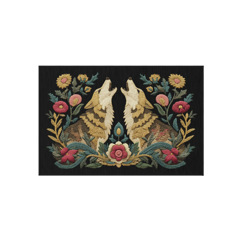 Dark charcoal doormat featuring two cream-colored wolves howling upward in symmetrical composition, surrounded by ornate botanical border of pink roses, golden sunflowers, teal leaves, and wheat stalks in folk art design on textured woven chenille surface. Perfect mystical entrance decor for witchy homes, pagan spirituality, gothic elegance.