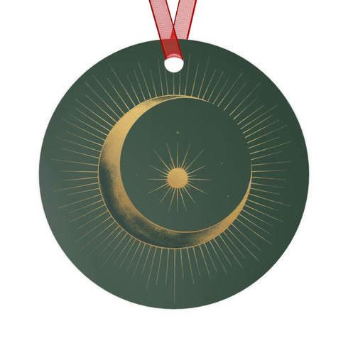 Round metal ornament featuring golden crescent moon and star design with Art Deco sunburst pattern on black background. 3.5-inch diameter piece with celestial motifs and crimson ribbon. Double-sided astronomical artwork.