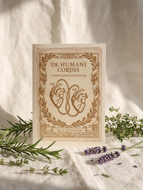 A vintage-style greeting card titled "DE HUMANI CORDIS" featuring a medical illustration of two anatomical hearts connected by a single looped blood vessel. The hearts are drawn in a sepia and crimson woodcut style on a cream background mimicking aged parchment. Text below reads "Fig. 14: The Twin Pulse." The card evokes a dark academia or cottagecore aesthetic. Inside text reads "Two different beats, one shared rhythm.