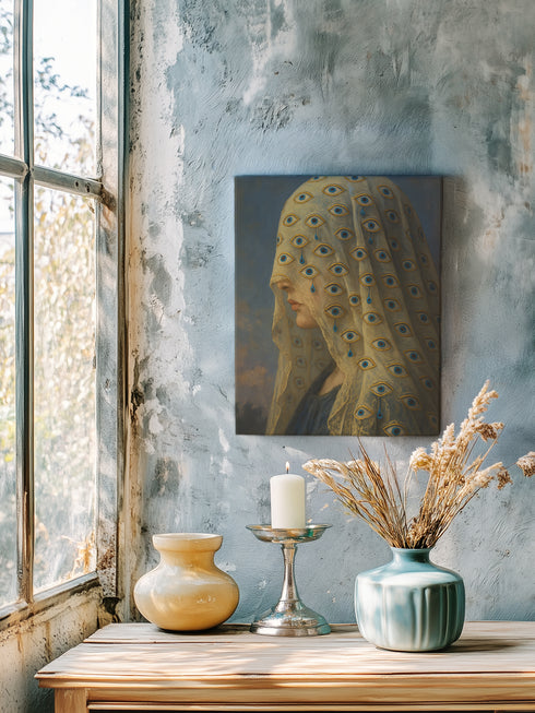 A rectangular matte canvas art print featuring a surrealist portrait of a woman in profile against a dark, cloudy sky. Her face is obscured by a delicate, translucent veil adorned with a repeating pattern of blue and gold all-seeing eyes. Several eyes are shedding deep blue tears that drip down the fabric. The artwork employs a classical, painterly style with a moody palette of blues, golds, and deep shadows, evoking a gothic and enigmatic atmosphere.