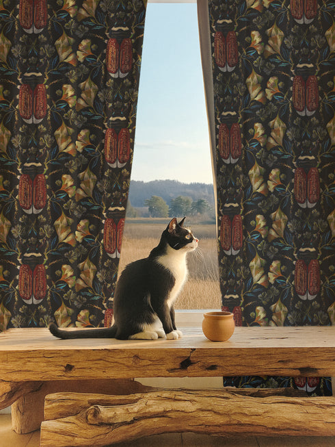 A single panel blackout curtain with a luxurious, moody design. The pattern features large, reddish-orange beetles and metallic gold ginkgo leaves against a dark charcoal background. This Gothic and Victorian-inspired window treatment is perfect for Dark Academia or Maximalist decor, offering room-darkening properties while serving as a bold piece of entomology and botanical art for a library, bedroom, or living room.
