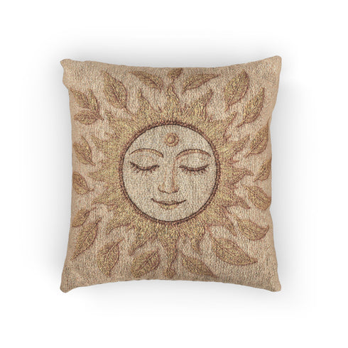 A square woven tapestry throw pillow in neutral earth tones of beige and gold. The pillow has a rich, textured surface from its jacquard weave. The design features a large, central celestial sun face with closed eyes, a serene smile, and a third eye symbol on its forehead. The sun's rays are stylized as intricate leaves, blending botanical and solar motifs. The pillow is made from a durable cotton and polyester blend, giving it a high-quality, artisanal feel.