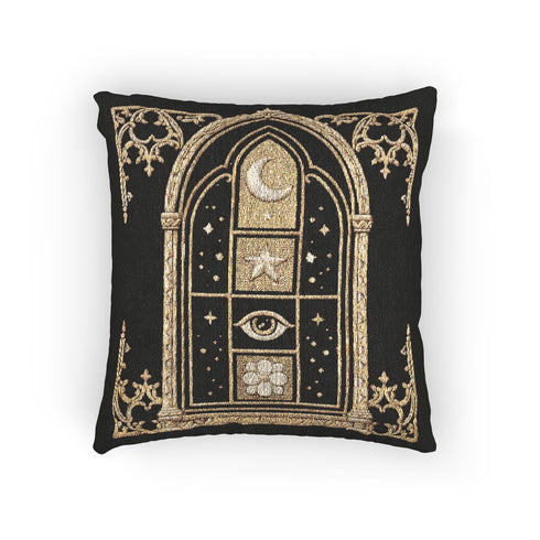 Woven jacquard throw pillow by Grimoire and Goblet featuring a gothic cathedral arch window design in black and gold. Central motifs include a waxing crescent moon, a five-pointed celestial star, a protective all-seeing eye, and a blooming botanical flower. Texture is raised tapestry weave, not printed. Perfect for dark academia, whimsigoth, and witchy home decor styles. Black background with beige and ochre accents. Square shape 17x18 inches.