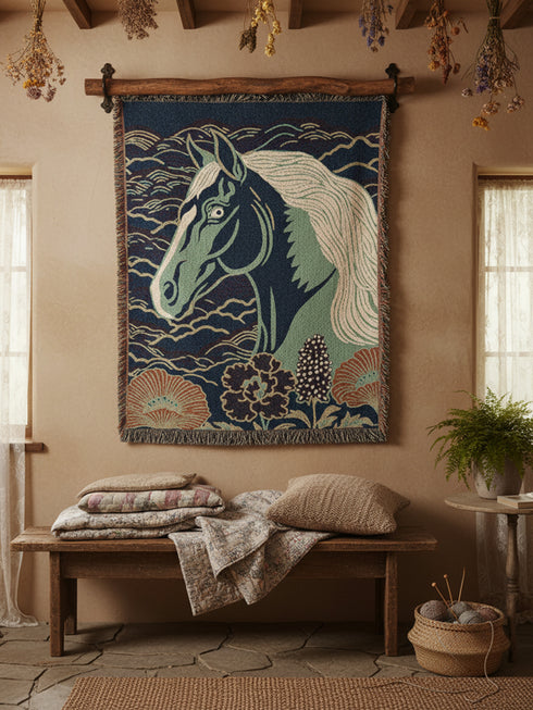 a large tapestry hanging on a wall, depicting a horse with a blue background and green accents. Below the tapestry, there is a wooden bench with a blanket and a basket of yarn. The room also has a window, a potted plant, and some dried flowers hanging from the ceiling.