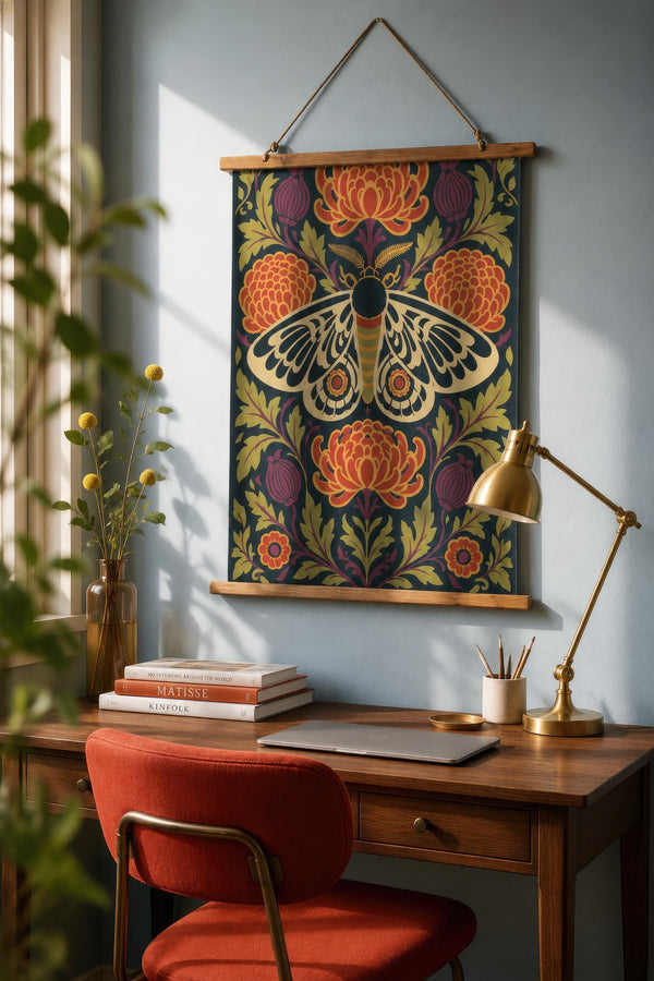 Dark cottagecore moth wall tapestry featuring a large cream and navy folk art moth with a striped body, feathered gold antennae, and orange eyespot wings, centered among burnt orange chrysanthemum blooms, plum seed pods, and sage green acanthus foliage on a deep ink navy background. Symmetrical William Morris inspired botanical design printed on silky polyester fabric with a stained wooden hanger and natural twine cord for ready to hang display. Vertical 26 x 36 inch wall hanging format.