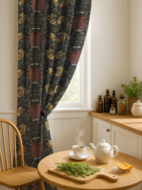 A single panel blackout curtain with a luxurious, moody design. The pattern features large, reddish-orange beetles and metallic gold ginkgo leaves against a dark charcoal background. This Gothic and Victorian-inspired window treatment is perfect for Dark Academia or Maximalist decor, offering room-darkening properties while serving as a bold piece of entomology and botanical art for a library, bedroom, or living room.