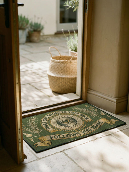 A rectangular doormat featuring a printed faux embroidery design on a muted olive green background. The symmetrical artwork centers on an all-seeing eye inside a circular medallion with a radiating sunburst pattern. An antique gold banner curves above reading WHAT YOU BRING TO THIS DOOR. A matching banner below reads FOLLOWS YOU HOME. The central eye is flanked by detailed botanical fern fronds and delicate wildflowers. The mat is finished with a sleek black fabric border trim.