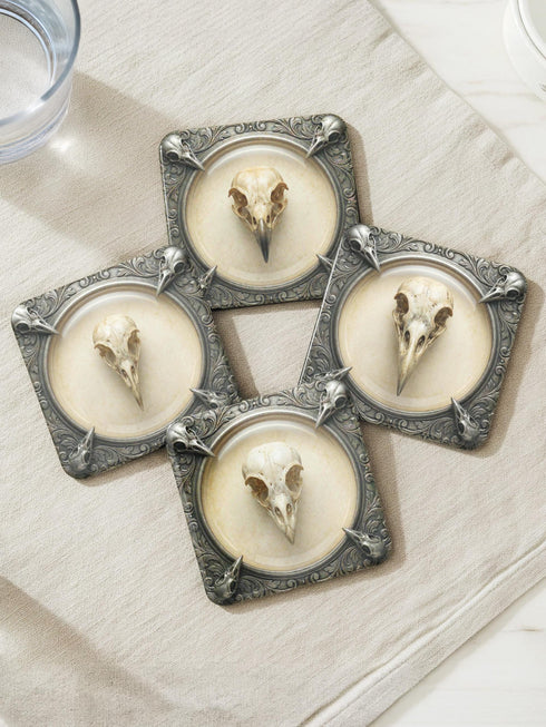 A set of four square 4x4 inch coasters by Grimoire and Goblet. Each features a unique avian skull specimen: a hooked raptor, a slender insectivore, a straight-billed corvid, and a scavenger. Designs are framed by silver faux-texture scrollwork on aged parchment. The coasters have a reflective high-gloss finish and tan cork backing. A perfect companion for a gothic goblet or grimoire study.