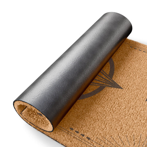 Natural tan coir doormat with large Algiz rune symbol inside an ornate compass design, surrounded by runic-inspired border elements, all in dark brown.