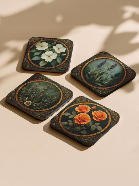 Set of four 4x4 inch square coasters featuring an enchanted floral design titled “Love’s Garden.” Each coaster showcases a romantic garden motif with soft botanical illustrations in warm, earthy tones. Made of durable materials with a smooth finish, ideal for protecting surfaces in mystical or romantic spaces.