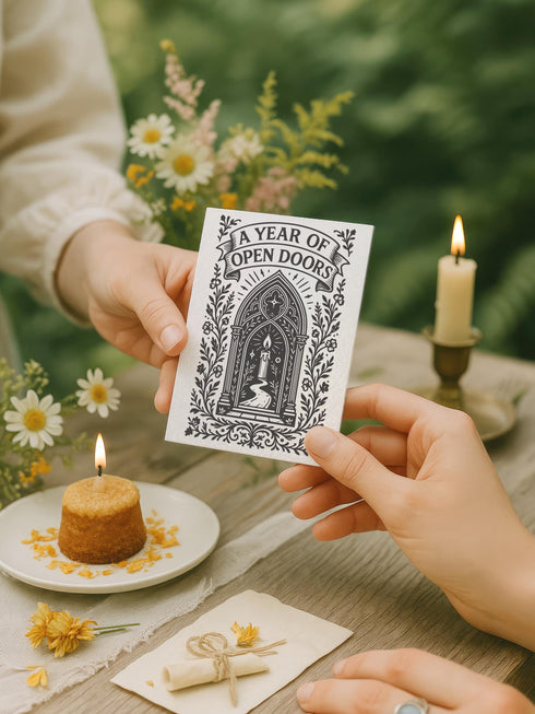 A vertical 5x7 inch pearlescent greeting card by Grimoire and Goblet featuring a high-contrast black woodcut-style illustration. The design centers on a gothic cathedral archway framing a glowing candle and a winding path leading forward. Surrounding the arch are intricate floral vines and stars. A banner at the top reads A YEAR OF OPEN DOORS in serif typography. The paper has a subtle silvery shimmer. The inside contains a printed poem about warmth and promise. Perfect for spiritual gifting.