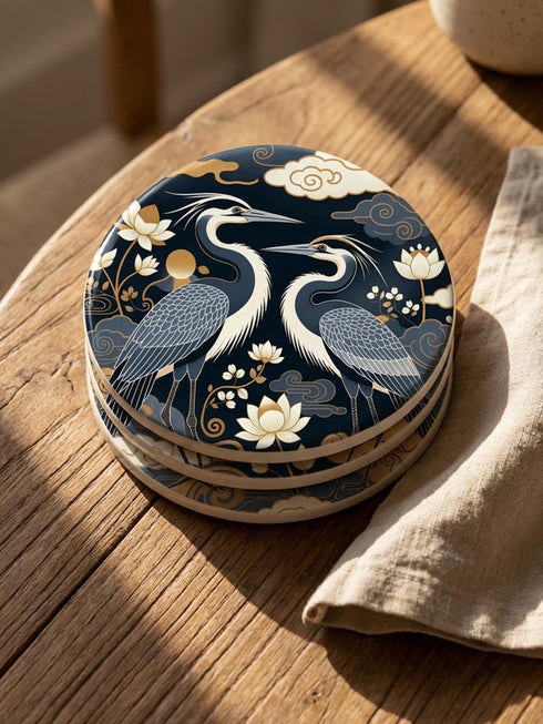 A round 4-inch drink coaster by Grimoire and Goblet. The coaster features a highly reflective glossy top surface displaying two Great Blue Herons, lotus flowers, and stylized clouds in metallic antique gold and slate blue against a solid, deep navy blue background. The edges reveal a natural brown, porous cork backing underneath. The intricate design resembles vintage Chinoiserie and botanical natural history art, perfectly suited for protecting tables from beverages.