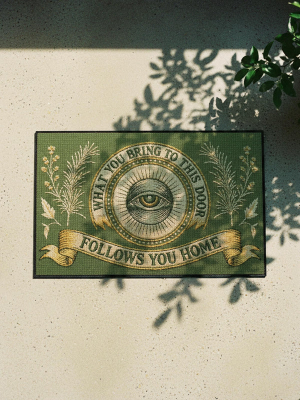 A rectangular doormat featuring a printed faux embroidery design on a muted olive green background. The symmetrical artwork centers on an all-seeing eye inside a circular medallion with a radiating sunburst pattern. An antique gold banner curves above reading WHAT YOU BRING TO THIS DOOR. A matching banner below reads FOLLOWS YOU HOME. The central eye is flanked by detailed botanical fern fronds and delicate wildflowers. The mat is finished with a sleek black fabric border trim.