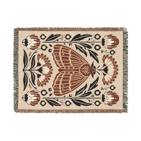 Folk Art Moth Blanket Earth Tone Botanical Woven Blanket