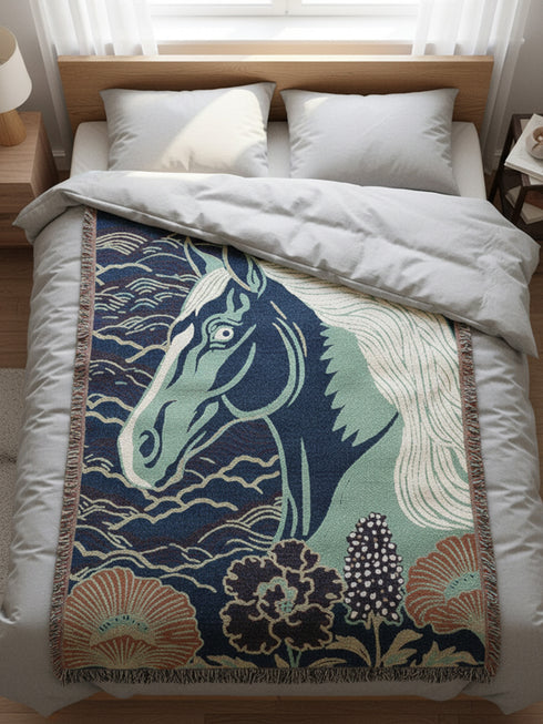 A Grimoire and Goblet woven cotton blanket featuring a large, stylized horse head in sage green and teal against a deep midnight navy background with wave patterns. The bottom edge features woven floral motifs in rust orange and deep plum. The design is a jacquard weave, not printed, with visible thread texture and multi-colored fringe edges. Chinoiserie and Art Nouveau style equestrian tapestry throw.