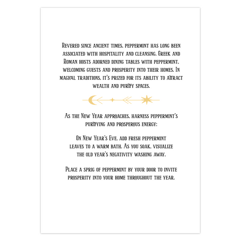 Peppermint-themed holiday ritual card featuring a gold-stylized peppermint design with celestial and ornate accents on the front and an inside message highlighting peppermint's historical significance and its use in rituals for purification and prosperity, including steps for New Year's practices.