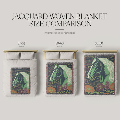 A Grimoire and Goblet woven cotton blanket featuring a large, stylized horse head in sage green and teal against a deep midnight navy background with wave patterns. The bottom edge features woven floral motifs in rust orange and deep plum. The design is a jacquard weave, not printed, with visible thread texture and multi-colored fringe edges. Chinoiserie and Art Nouveau style equestrian tapestry throw.