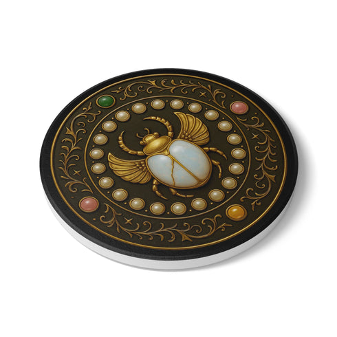 Round ceramic coaster with a cork backing, featuring an ornate scarab beetle design surrounded by gold scrollwork, pearls, and gemstone accents in a circular motif.